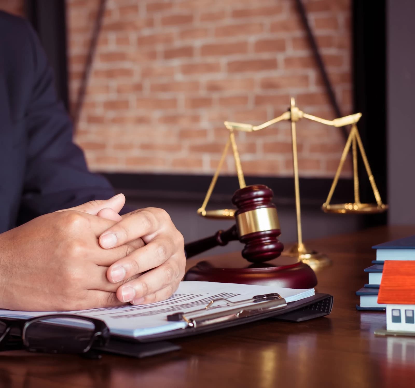 A gavel, scales and a model house on a solicitor's desk